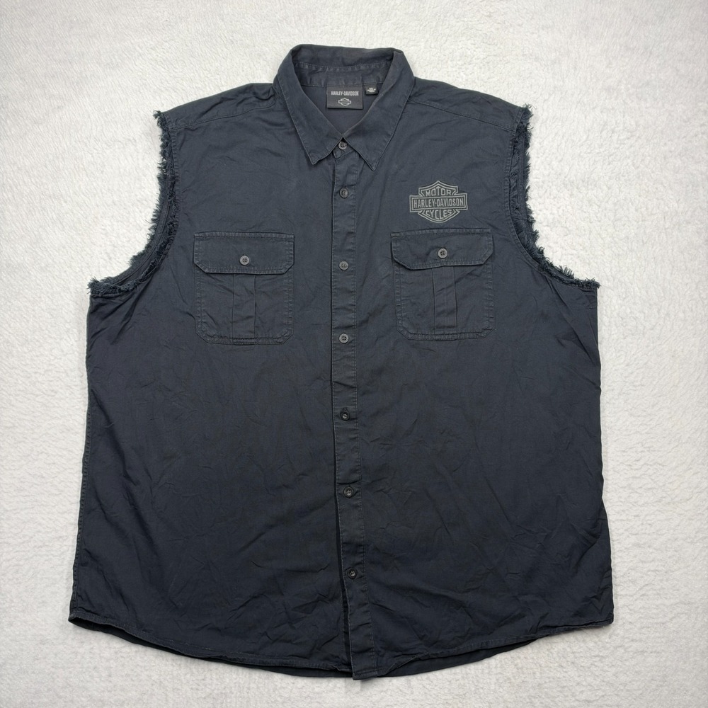 Harley Davidson Sleeveless Shirt Black Button Up Biker Cut Off Men's Size 3XL